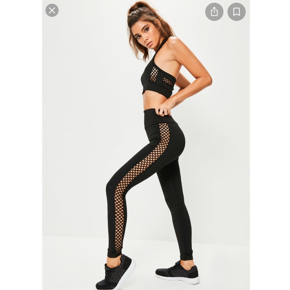 Black High Waisted Cross Side Mesh Detail Leggings